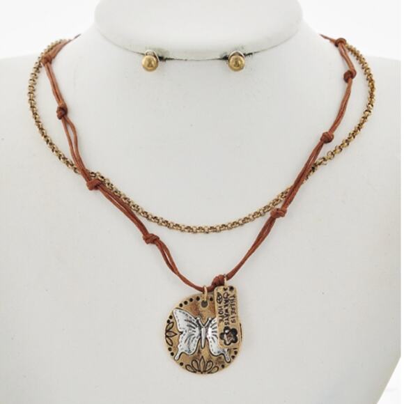 Style Cove Jewelry - Antique Gold Tone Butterfly & Flower Necklace & Earring Set